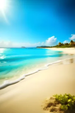 Create an image on high resolution according to the following title: "Beach Bliss: Discover paradise with this serene beach scene - turquoise waters and golden sands await your escape."