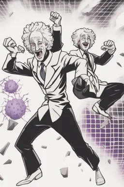 Sir Isaac Newton Brofisting the camera with Albert Einstein hitting the whip nae nae in the background with an atomic bomb going off in the background in the style of Spider-Man into the spider-verse.