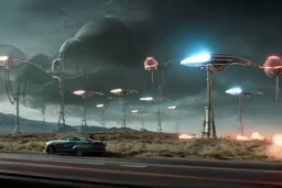 A Tesla 'Semi' (semi truck) is going at a high speed, in the battle against Martians of "The War of the Worlds". (CINEMATIC, WIDE ANGLE LENS, PHOTO REAL)