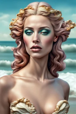 a striking digital image of woman on a shore, Botox lips, too much makeup, fake beauty , ultra realistic and detailed, they look at jealously at the central figure which is the birth of Venus image
