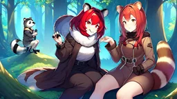 Two Girls, red hair, raccoon ears, raccoon tail, raccoon face, forest, sit on tree, raccoon paws on hand, paws on foot, coat on neck,with tongue out