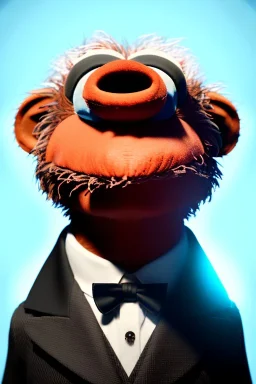 Waist up muppet Portrait, Vladimir Putin as muppet doll, Black suit, photo studio, blue background, unreal engine 5, concept art, art station, god lights, ray tracing, RTX, lumen lighting, ultra detail, volumetric lighting, 3d.