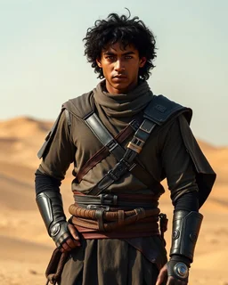 Dune Movie Character fullbody stand on the desert Young Man black curly hair Warrior futuristic clothing deep blue eyes in Dune Movie Character