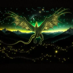 image framed with a thin border of celtic designs, story book cover format, A winged celestial dragon in flight above a forested mountain, against a background of brilliantly glittering stars, hd 4k, fine sharp detail