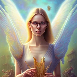 water color and spray painting fantasy art, portrait angel,wearing glasses,holding harp, standing in portal to wet forest world from desert world with camels,poetry book illustration