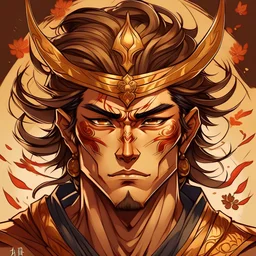 In a combination of digital art styles and the style of Japanese art, portray a great god of bravery. He is incredibly handsome and strong, with an olive skin tone. His eyes shine with heroism