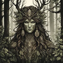 create a female shadowed forest spirit hunter , with highly detailed, sharply lined facial features, in the deep forest of Brokilon , finely drawn, boldly inked, in vibrant, soft woodland colors, otherworldly and beautiful