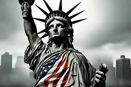 the statue of liberty, dress dirty and torn, her face solemn and terse, trash littered at her feet, she holds a crumpled american flag, she walks away, back to the viewer, under a dark and dreary sky