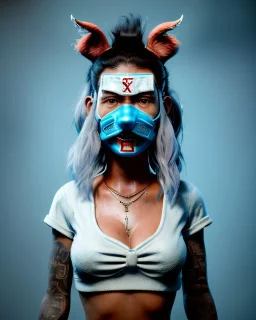 hybrid character, waitress sexy woman with monster muppet mask that covers her entire head, silver punk, short shirt, tray, yakuza tattoo, retro style, Sesame Street style, hot, smooth, unreal engine 5, god lights, ray tracing, RTX, lumen lighting, ultra detail, volumetric lighting, 3d.