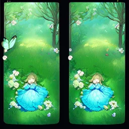 tiny anime girl sleeping in the distance, laying down in a field of flowers, underneath a willow tree, with a butterfly on her nose, hand detail looks human.zoom out. zoom out