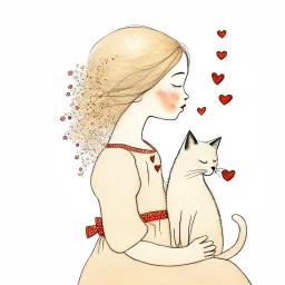 girl and a fluffy Siamese cat, naive childlike proportions, girl in profile with closed eyes and rosy cheeks, textured hair filled with white flowers and scribbled lines, simple floral dress, cat with eyes closed and tiny red hearts above its head, mixed-media acrylic and pencil texture, muted vintage pastel colors, warm beige background, dreamy feel, soft and imperfect hand-painted, naive art style.