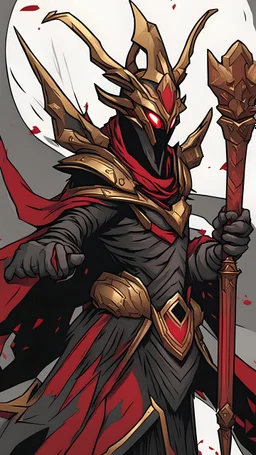 Azir from league of legends in king of the Dead style black color with red details and holding sceptre