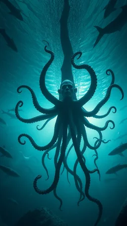 A giant creature under water with sharks , black vein, human veins, mixing together a lot of them, like a forest, big and small veins a lot of them, a black creature looks like an octopus with many arms