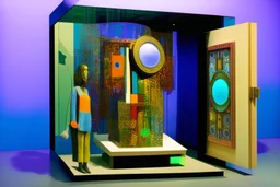 teleport machine in glass box in gallery in the style of Eileen Agar