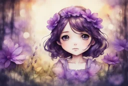 double exposure, merged layers, painted and burned burlap, cute chibi contented brunette anime purple flower princess in a flowergarden, melting watercolor and black ink outlines on wet paper, soft, shading strokes, in sunshine, ethereal, otherwordly, cinematic postprocessing, bokeh, dof