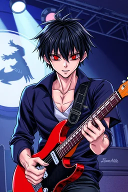 1man, 30 years old, playing electric guitar, at a midnight concert, manly facial features, red creepy alien bug eyes, black hair, athletic build, correct hands, in the style of manga "Rosario+Vampire"