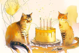 beautiful composition, cat birthday party with cake, watercolor and ink, golden glitters in ochre in sunshine