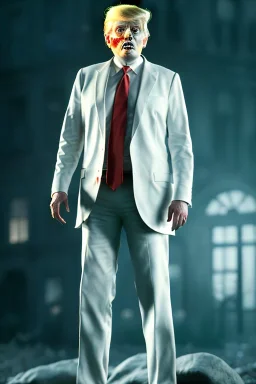 Ultra realistic image, Donald trump zombie, zombie performance, suit, skull, blood, torn arm, night, walking twisted, waist up view, thriller style, dark ambient, highly detailed, White House background, concept art, unreal engine 5, ray tracing, RTX, ultra detail, volumetric lighting, high definition, high resolution.