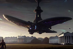 a alien craft that has landed on the white house lawn :: made of shiny obsidian glass :: reflective, glassy :: subtractive lighting, backlit :: by John William Waterhouse, Greg Rutkowski, HR Giger :: hyperrealistic, hyper detailed, photorealistic :: epic, incredible composition, amazing depth, meticulously composed, 16k resolution concept art :: fantasy magazine cover art