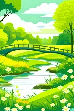 Paisaje con un rio en el medio, que lo atraviesa un puente y por los costados arboles de diferentes colores verdes y florales, con un dia soleado en la esquina. Modo realista