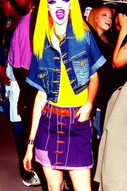 year 1996 denim fashion. Loose skirt, low waist. Colors: denim blue, blue, purple, cream, khaki, light green, lilac, plum, orange, terracotta, red, light yellow, lion yellow, pink, dark blue, beige. Gwen Stephani, Missy Elliot, Shirley Manson.