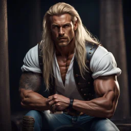 handsome warrior king, muscular, long blonde hair, male age 30, wearing jeans and a white shirt, tan skin, tattoos,photorealistic 4k dark fantasy