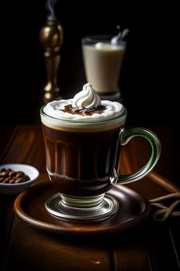 A cozy pub on a rainy day, a steaming mug of Irish coffee in hand. The rich, creamy foam swirls with hints of nutmeg and cinnamon, inviting you to take a sip and warm your soul.