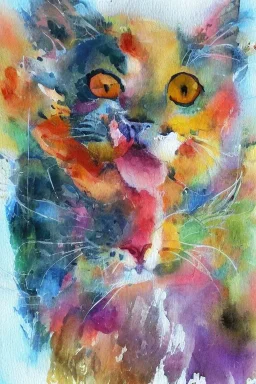 watercolor painting, happy cat, bright color,