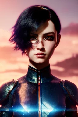 Cyborg anime warrior, light black hair, blue eyes, waist up portrait, 8k resolution, intricate details, ornate details, soft lighting, vibrant colors, retroanime, masterpiece, intricate eyeliner, dark eyeshadow, eyes, intricate tattoos, futuristic cityscape background
