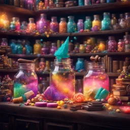 magic shop, magical treats and candy in jars, magical books and wands everywhere, confused face, bright vibrant colors, glowing sparkle particles, dark tone, sharp focus, high contrast, 8k resolution, incredible depth, shallow depth of field, dramatic lighting, beautifully intricate details, clean environment, epic dynamic scene