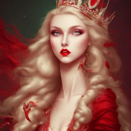 a full portrait of beautiful queen, has pale blonde hair and green eyes, red lips, wearing red dress