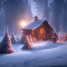 Mysterious christmas night, a lonely hut, surreal atmosphere, cosmic backdrop, celestial ambience, soft lighting, very chilly appearance of the surroundings, unreal engine 5 volumetric lighting, intricate details, realistic style, 8k resolution