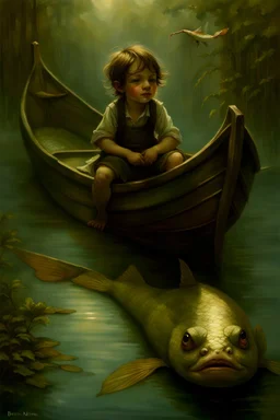 Masterpiece, ((Ottfried Preußler, the little water sprite)) the young little water sprite (boy) is sitting on the back of a big huge carp (fish) and glides with him under the water complete figure, flawless, full body shot, by Baptiste Monge, by Daniel Merriam, by Brian Froud, by Beatrix Potter, by Nicoletta Ceccoli, by Kinuko Y. Craft, by David Laurence, by Arcimboldo