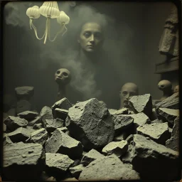 horror movieshot, rocks, very odd objects in background, Ades, Charon, tenebroso, macabro, marcio, interno museo, hypermaximalist, odd, intricate, Lawrence Alma-Tadema style, albero, hypnotic, eerily mysterious, artistic photo, shot on, follia, smoke, daguerrotype