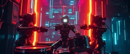 cyberpunk imagery synchronized mechanical drumming flickering stable core