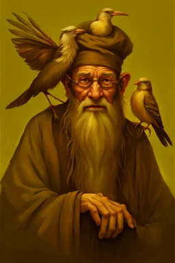 a painting of an old man with a bird on his head, a character portrait by Wendy Froud, cgsociety, fantasy art, storybook illustration, grotesque, detailed painting