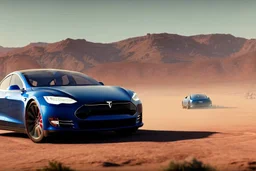 A Tesla 'Model Y' is racing at top speed, in the Mojave Desert. (CINEMATIC, WIDE ANGLE LENS, PHOTO REAL)