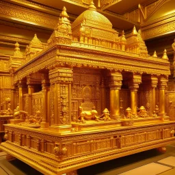 A golden yellow temple filled with gold and jewels designed in ancient Egyptian pottery