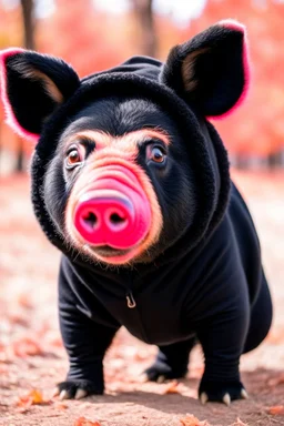 Pig in a black bear costume