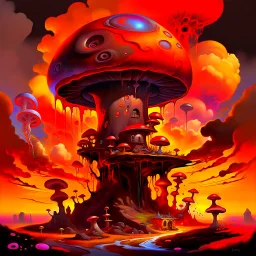 A fantabulous black, orange, and red (((mushroom tower house))) erected atop a (geologic pillar), surrounded by the uncanny imaginative ((( swirling skies))), offset by the stark hues of a (neon-tinged nebulous space scape), within. captured by the hand a skilled master painter with a focus on (softly blurred compositions and voluminous lighting).