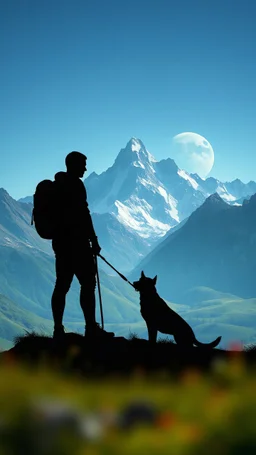 BLACK SILHOUETTE HUMAN FIGURES and DOG, multi layered, Photo Realistic MOUNTAINS, vibrant colors, depth of field, 3d, 4k