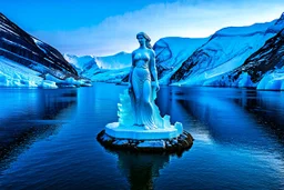 in a frozen sea with pretty mountains a full lady statue of transparrent ice