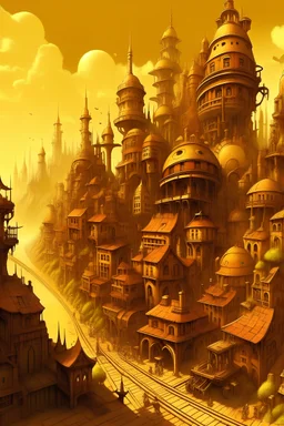a steampunk city with a yellow-brown atmosphere