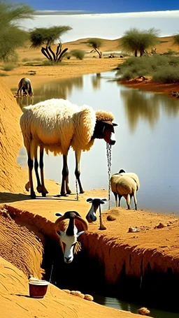 Africa, farming, sheep drinking from river and desert, farmers