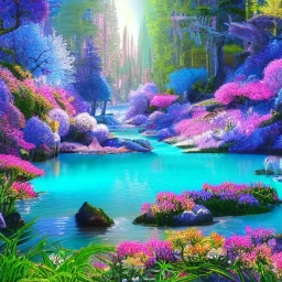 bright enchanted forest, blue lake,delicate flowers, pink tree, Swarosvsky crystals, cascades, full of details, smooth, bright sunshine，soft light atmosphere, light effect，vaporwave colorful, fantasy art, smooth, extremely sharp detail, finely tuned detail, ultra high definition, 8 k, unreal engine 5, ultra sharp focus