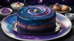 A dessert plate featuring a galaxy-themed cake with swirling colors of deep blue, purple, and silver. The cake is topped with edible glitter, sugar stars, and a delicate, spun-sugar Milky Way, Ultra Realism, beautiful intricate insanely detailed octane render, 5d, 16k, artistic photography, perfect light, chiaroscuro, award-winning photograph, masterpiece, rule of thirds, 35mm lens, adjust perspective