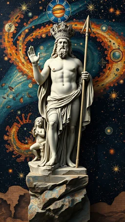 A statute of a god from Atlantis in a galaxy designed in ancient Roman mosaics painted by Claude Monet