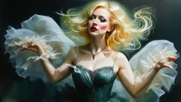 old worn plain canvas, grunge, layered, embossed, double exposure, artistic luminous watercolor, glitter, midground, luminosity, highlights, gold highlights, light effects, dark grey green highlights, portrait of victorian gothic platinum blonde woman, red lips, fluffiness, wind, airy fluttering dress, swirls, layered, blending, textured, 3D, 8K, best quality, fine rendering, high detail, hyperrealism, high resolution, high definition, layered, pin sharp, hyperfocus, vignette