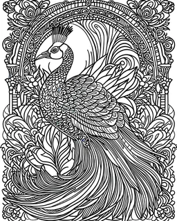 Coloring page for adults, bold lines, dark lines, symmetrical, white background, clean line art, fine line art, peacock.