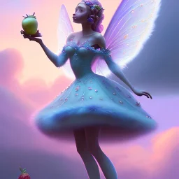 pixar style,realistic painting of a beautiful fairy and a jar jam marmelade, in kitchen,volumetric blue clouds,pink sky environment and flying strawberries in background, volumetric lighting,dramatic lighting, detailed digital painting, extreme dense and fine fur, anime, ornate, colour-washed colors, elegant, small minutiae, tiny features, particulars, centered, smooth, sharp focus, renderman gofur render, 8k, uhd, detailed eyes, realistic shaded volumetric lighting,caustics,backligh